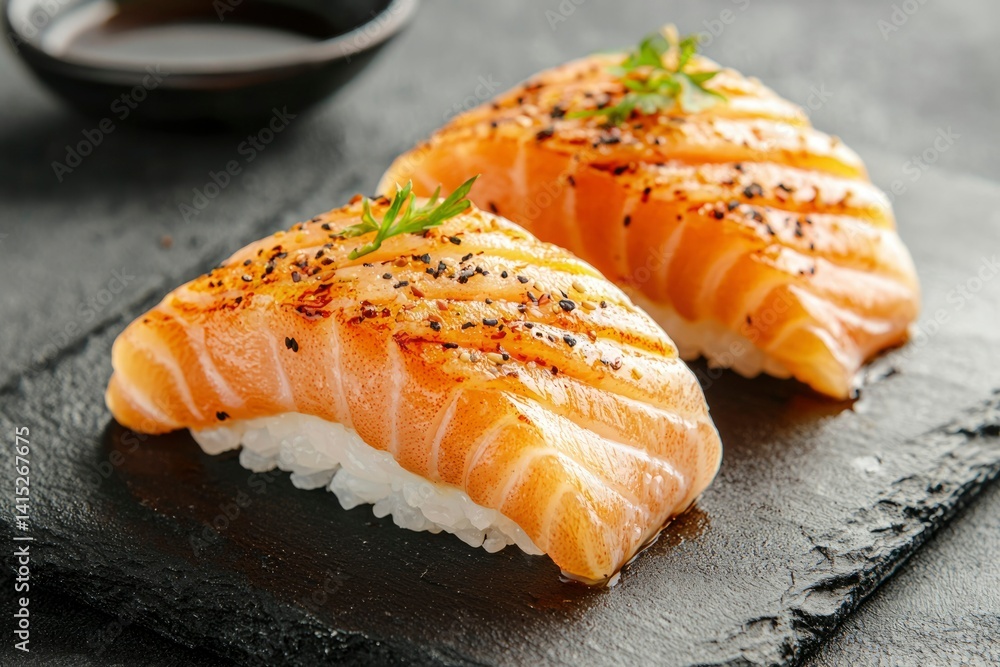 Two pieces of salmon sushi on dark slate Two pieces of salmon sushi on dark slate