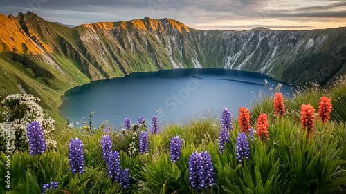 Scenic crater lake nestled in mountains, vibrant wildflowers in foreground