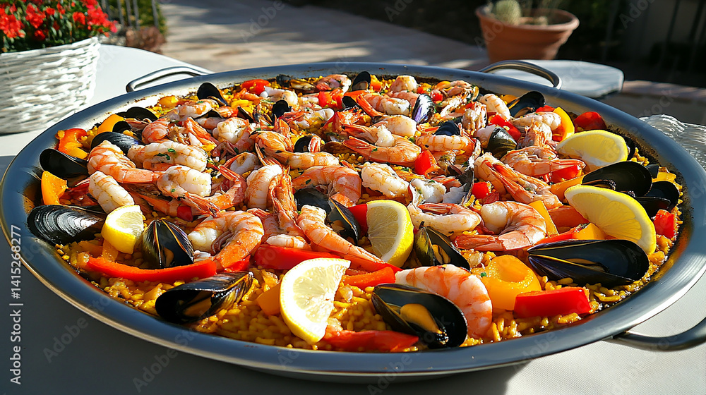 Fresh seafood paella in large pan