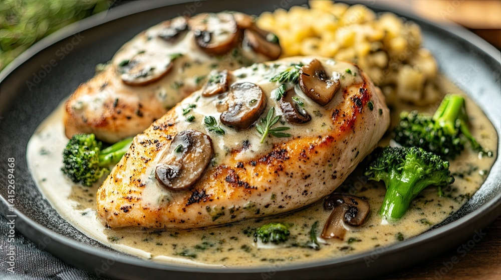 Pan-Seared Chicken Breast with Mushroom and Broccoli Cream Sauce, A Healthy and Flavorful Main Course** Pan-Seared Chicken Breast with Mushroom and Broccoli Cream Sauce, A Healthy and Flavorful Main Course**