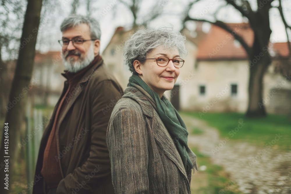 Fototapeta premium Couple enjoying a leisurely stroll in a serene park during early spring afternoon