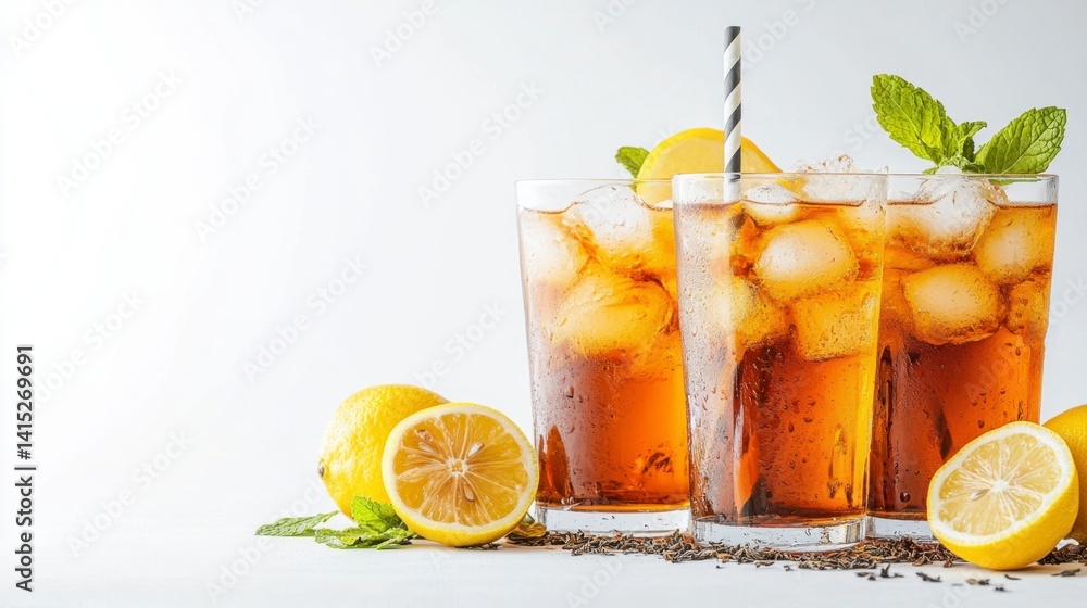Two glasses of iced tea with lemon slices and mint, on a white background. Two glasses of iced tea with lemon slices and mint, on a white background.