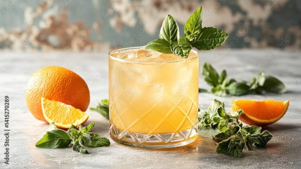 Fototapeta premium Refreshing orange cocktail garnished with mint, served in a rocks glass on a textured surface.