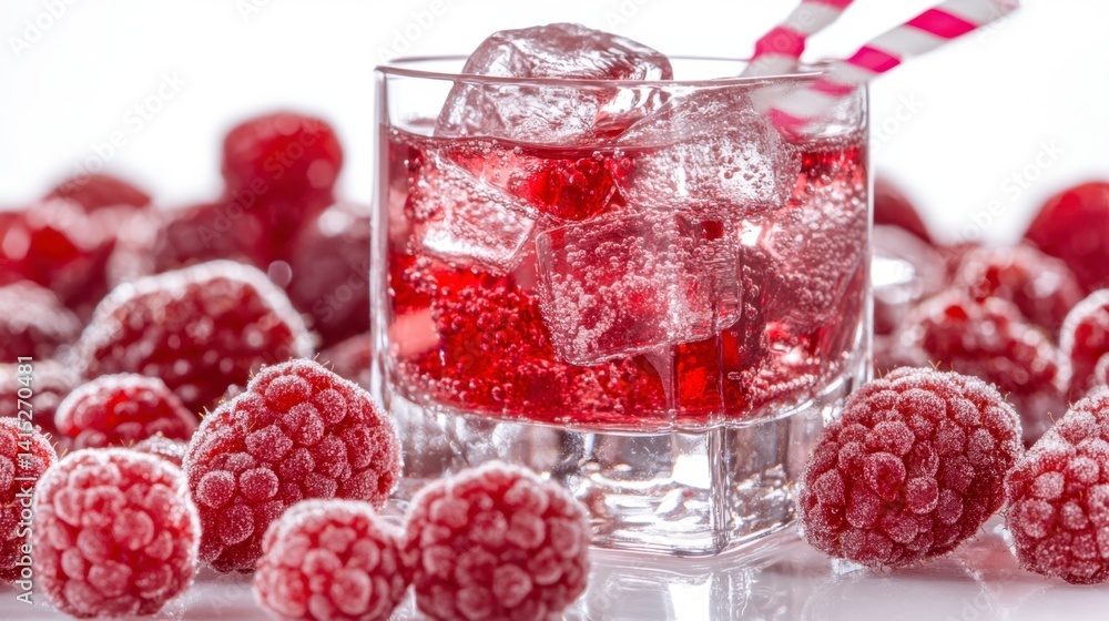 Close up of a refreshing raspberry drink with ice cubes in a glass, surrounded by frozen raspberries. Close up of a refreshing raspberry drink with ice cubes in a glass, surrounded by frozen raspberries.