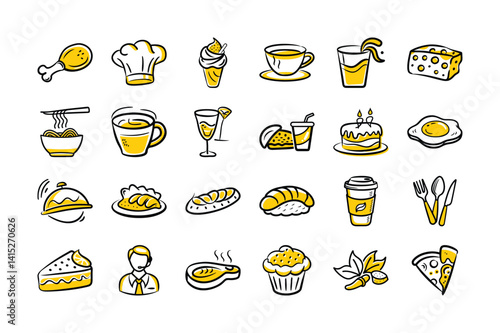 Hand-Drawn Food Icons – Cute Doodle Style Snacks, Drinks & Meals

