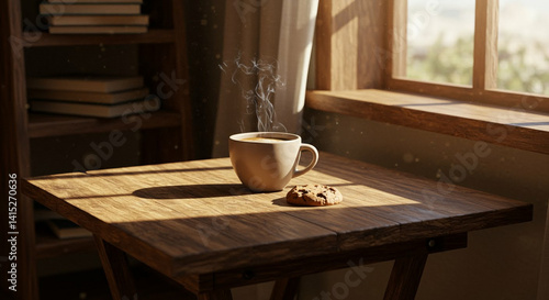 Cozy Coffee Break with a Cup of Coffee and a Cookie on a Table 
