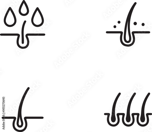 Hair Follicle and Scalp Care Icons  Hydration, Growth, Treatment Line Art Set