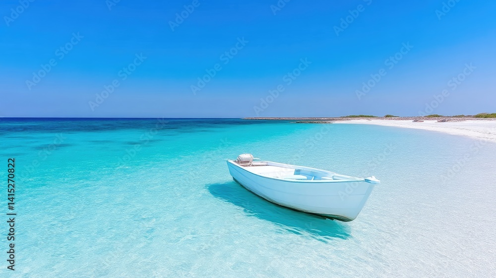 Naklejka premium Tranquil white boat on a pristine beach with turquoise water