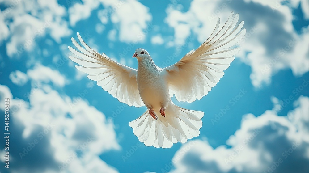 Peaceful White Dove Soaring Above a Serene Blue Sky with Fluffy Clouds, Representing Freedom and Peace** - Peaceful White Dove Soaring Above a Serene Blue Sky with Fluffy Clouds, Representing Freedom and Peace** -