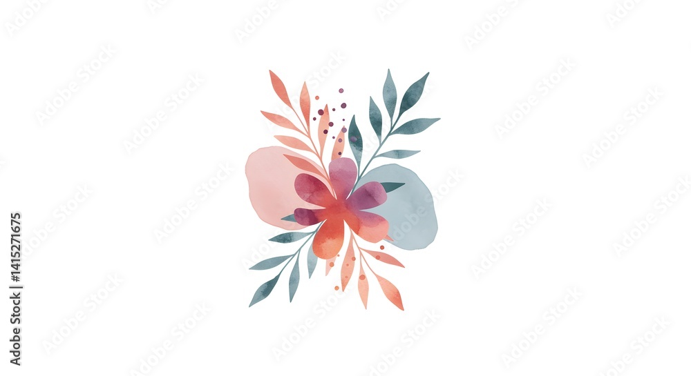 Naklejka premium Watercolor Flower Arrangement with Leaves and Abstract Shapes on White