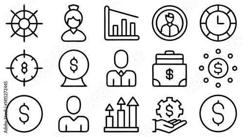 A vector set of black and white business icons illustrates finance, people, and internet concepts with simple symbols and design elements