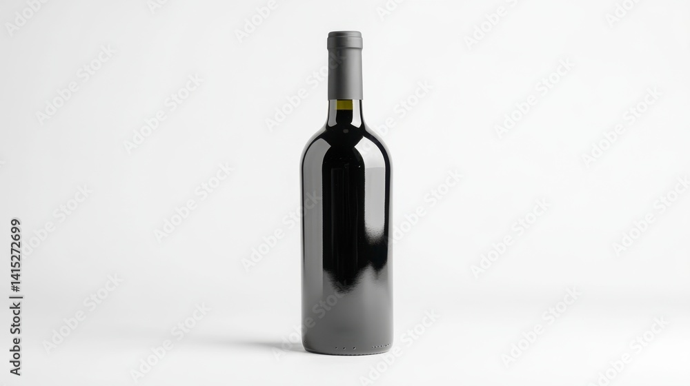 Fototapeta premium Single bottle of red wine on white background. Dark glass bottle with black cap. Studio shot.