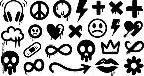 Black And White Grunge Style Icon Collection Featuring Music And Rebellious Themes