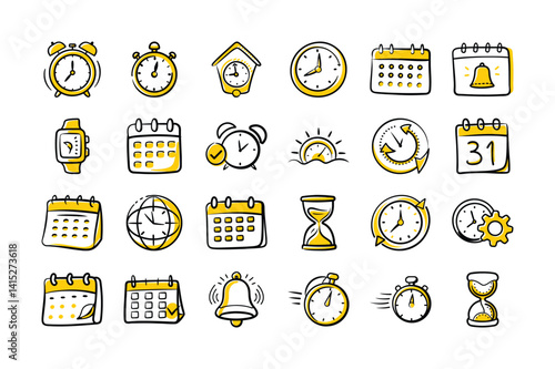 Hand-Drawn Clock & Calendar Icons – Time, Alarm, Date & Reminder Doodles

