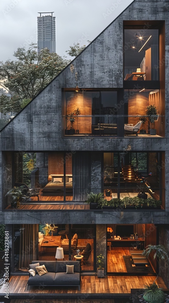 Obraz premium Modern Luxury Triplex Home Architectural Design Concrete Exterior Wooden Interior Balcony