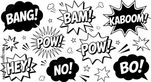 Comic Book Style Speech Bubbles With Dynamic Words In Black And White
