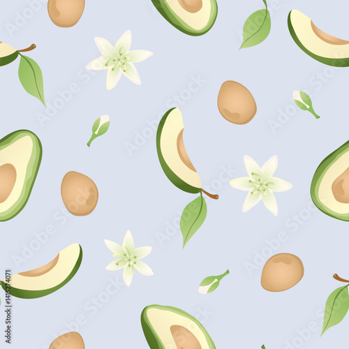 Seamless pattern with hand drawn green  avocado halves. Fresh organic vegetable, healthy, vegan, raw food.
