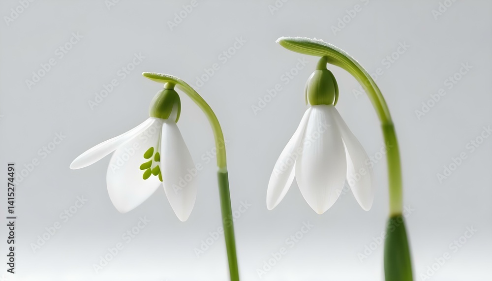Fototapeta premium Two pristine white snowdrop flowers with a delicate green stem showcasing natural beauty and grace.