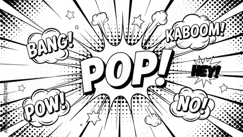 Comic Book Style Black And White Pop Art Words And Explosion Elements