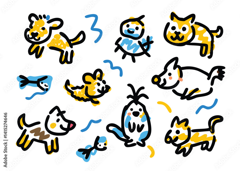 Obraz premium Seamless Animal, Cat, and Dog Doodle Pattern – Hand-Drawn Pet Sketches, Cute Wildlife Illustrations, and Playful Animal Figures for Fun Design