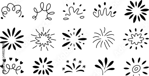 Hand Drawn Decorative Elements With Ornaments,Fireworks,Hearts And Swirls In Black And White