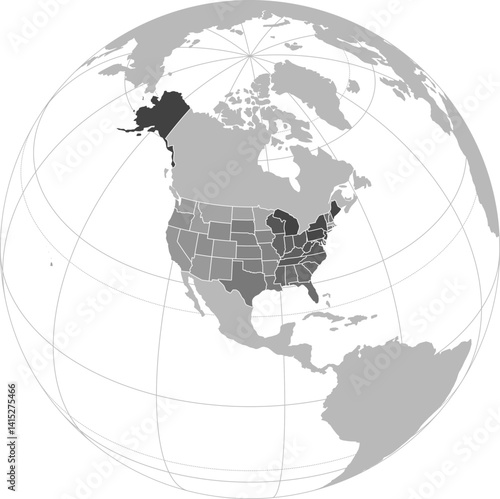 World vector map with U.S. administrative boundaries and graticules (United States–centered and highlighted view, orthographic projection, PPT-compatible & fully editable)