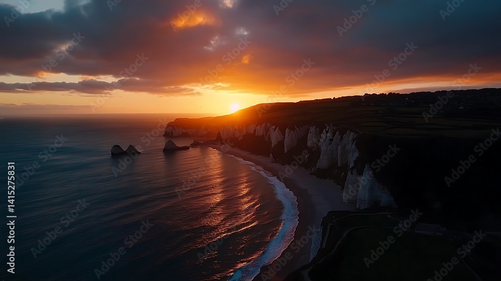 Fototapeta premium Dramatic sunset over dramatic cliffs and coastal waters.