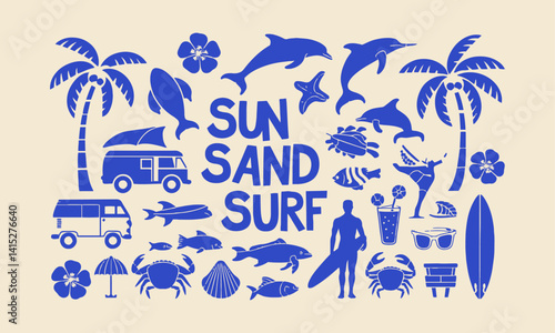 Vector illustration featuring a collection of tropical and beach-themed icons, easily editable.