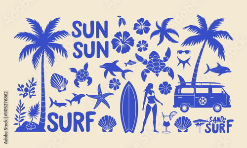 Vector illustration featuring a collection of tropical and beach-themed icons, easily editable.