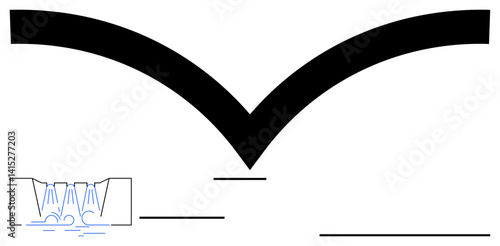 Water flow representation in open channel system with V-shaped black divider on white background. Ideal for engineering, physics, hydrodynamics, water management, fluid mechanics, science, education