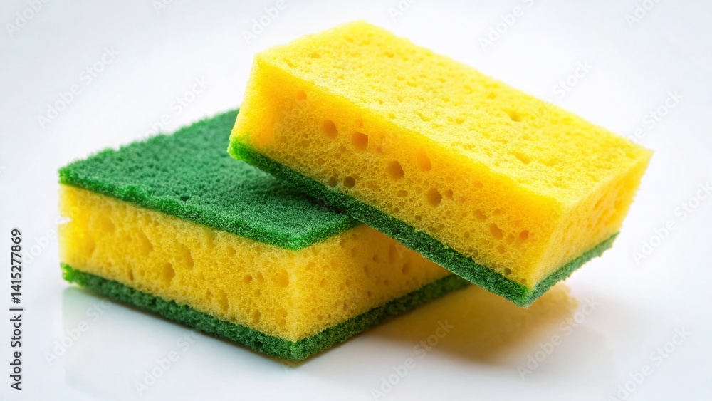 Aerial View of Two-Tone Cleaning Sponge: Yellow and Green Dishwashing Sponge on White Background Aerial View of Two-Tone Cleaning Sponge: Yellow and Green Dishwashing Sponge on White Background