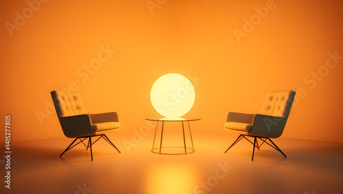 Glowing Orb and Three Chairs Minimalist Interior Design Concept