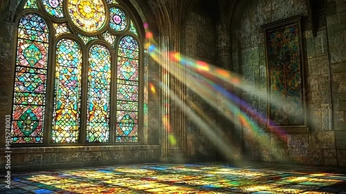 Sunlight Streaming Through Stained Glass Illuminating the Mystical Chamber