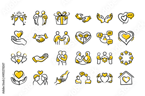 Hand-Drawn Community & Compassion Icons – Doodle Style People, Heart & Support Set

