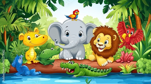 Jungle Animals like Elephants, Parrots, Lions, and Crocodiles, Living in Harmony 