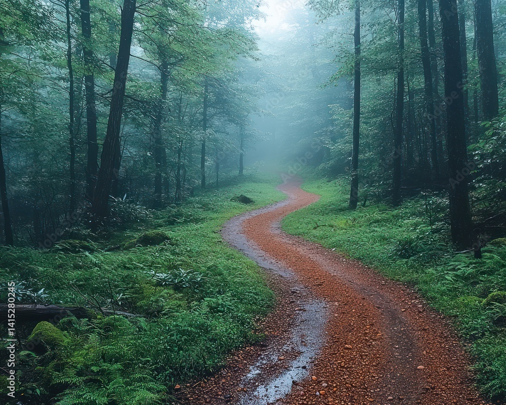 Fototapeta premium Serene winding path through a misty forest with lush greenery and tranquility