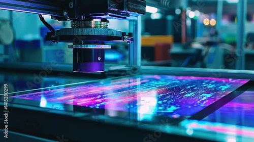 High-tech scanning machine inspecting a colorful display panel in a modern workshop