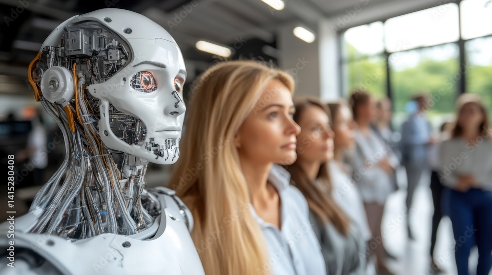 Woman and colleagues observe a sophisticated humanoid robot in a modern setting.