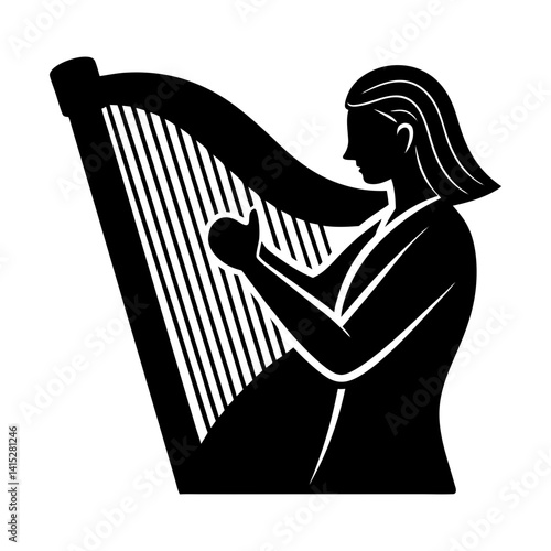 Woman playing harp musical instrument illustration silhouette