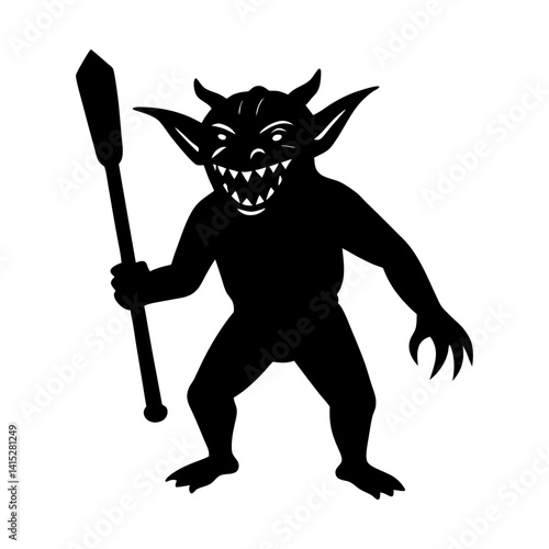 Scary monster goblin silhouette with weapon vector
