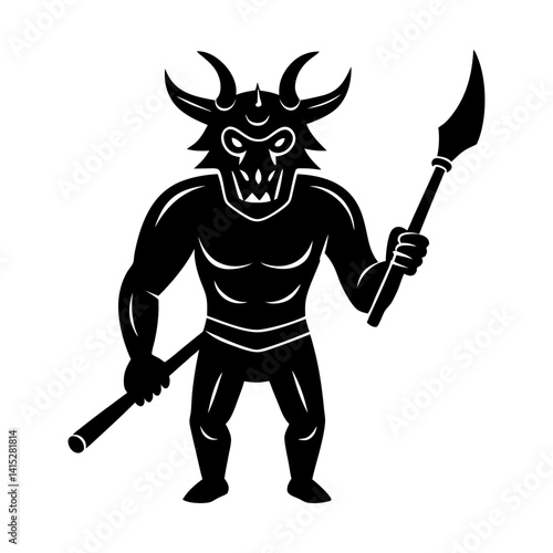 Vector graphic of a horned monster with a spear silhouette