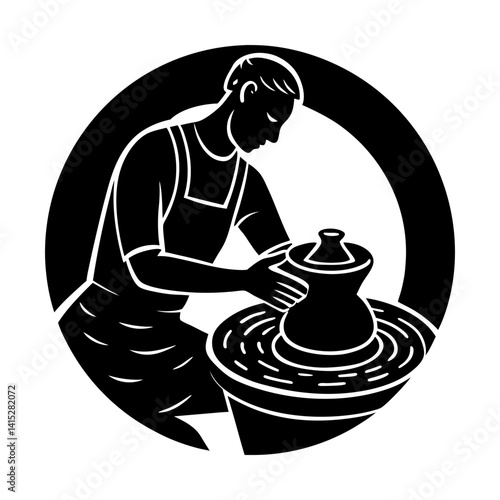 Pottery making artist shaping clay on spinning wheel silhouette