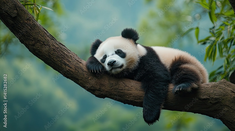 Fototapeta premium Lazy Panda Bear Sleeping on a Tree Branch, Peacefully Resting in Chinaâ€™s Wilderness 