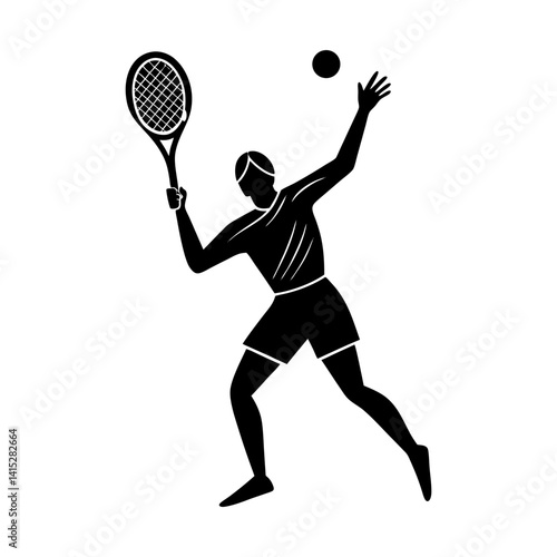 Athlete serving tennis ball with racket vector art silhouette