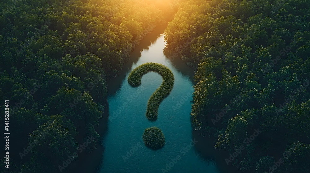 A winding river forms a question mark amidst a lush verdant forest