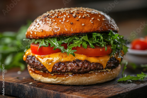 Juicy cheeseburger with lettuce and pickles, stacked high in a sesame seed bun, a classic American fast food favorite.
