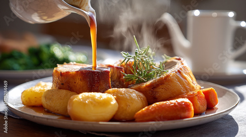 Delicious roast dinner with gravy potatoes and carrots perfect for sunday lunch and family gatherings