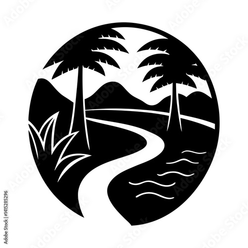 Tropical paradise scenic view with palm trees vector silhouette