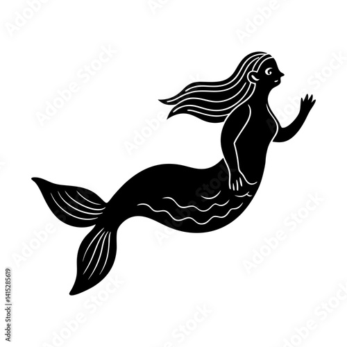 Simple graphic of a swimming mythical sea maiden silhouette