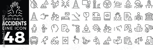Accident Icon Set: A Line Icon Collection Featuring Crash, Emergency, Injury, First Aid, Warning, Car Accident, Ambulance, and More